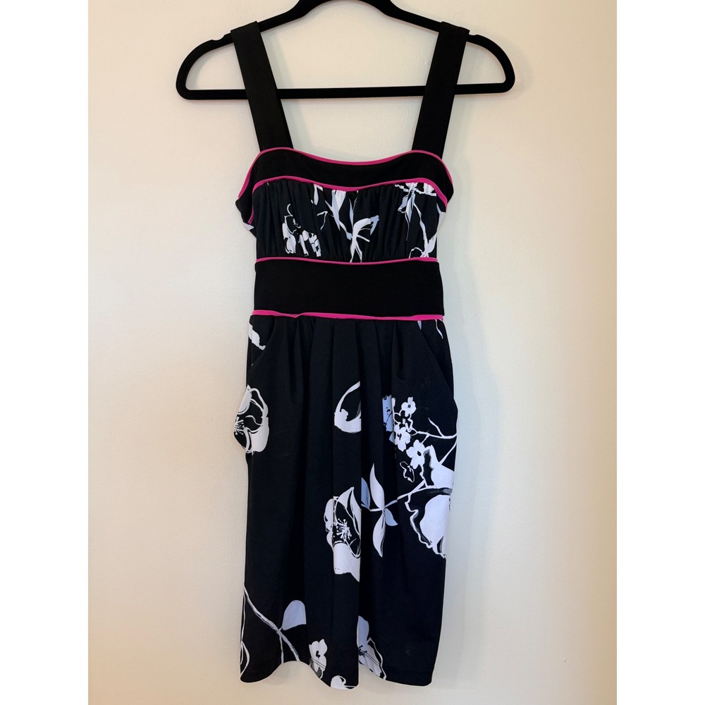 Speechless Floral Mini Dress Black White Pink Piping Empire Waist Pockets Size M